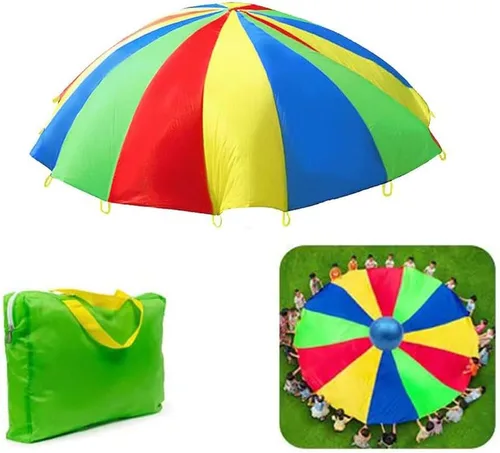 Vista 3 de Paracaídas con asas de 8 pies, 10 pies, 12 pies, juegos de paracaídas para juegos de equipo al aire libre, sutura reforzada impermeable, también se