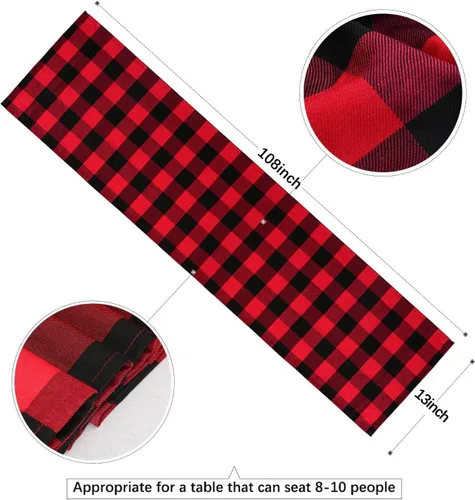 Vista 6 de Camino de mesa a cuadros de búfalo negro y rojo, 2 paquetes de 13 x 108 pulgadas, caminos de mesa navideños a cuadros para decoración de mesa