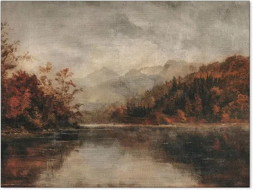 Vista 11 de Póster de paisaje campestre y lago, arte de pared de paisaje de naturaleza otoñal, 08 x 10 pulgadas, marco negro, pintura al óleo vintage de otoño