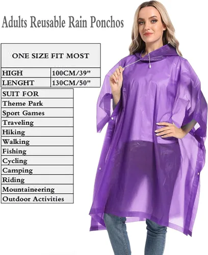 Vista 15 de Ponchos de lluvia reutilizables con capucha con cordón para adultos, abrigo de lluvia grueso impermeable, 2 paquetes