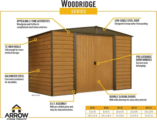 Vista 8 de Arrow Woodridge - Caseta de almacenamiento de acero con hastial bajo, café/madera