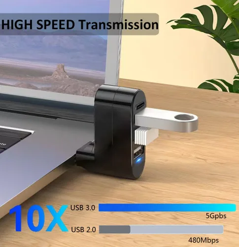 Vista 2 de Hub USB 3.0 [90°/180° grados giratorio], extensor divisor USB de 4 puertos con 3 puertos USB y 1 puerto USB C de alimentación/datos, concentrador
