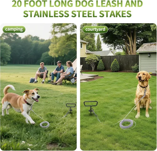 Vista 4 de Cable de amarre y estaca para perros de 20 pies, resistente para patio, correa de gancho con bloqueo, cable giratorio de 360° para perros medianos