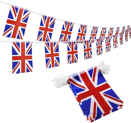 Vista 10 de Bandera de lona de 12 pies de largo con 12 banderas triangulares, banderines británicos, decoración de fiesta, bandera patriótica británica