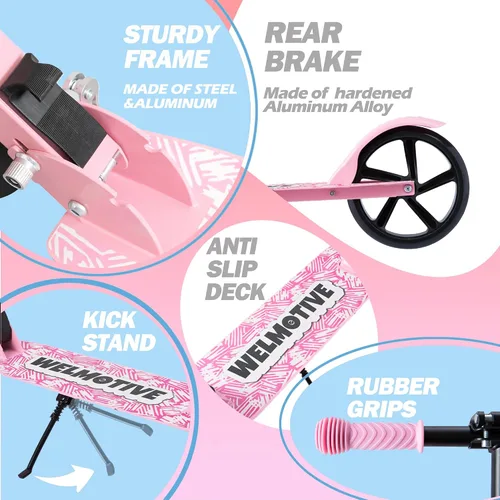 Vista 6 de Kick Scooter for Kids Ages 6+, Teens & Adults, Adjustable Handlebars, Rear Brake, Big Wheel Foldable Scooter for Indoor & Outdoor