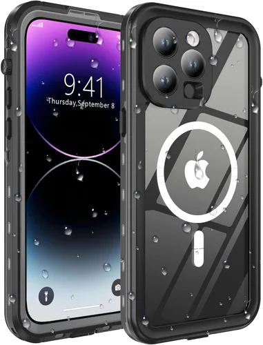 Vista 8 de Funda impermeable para iPhone 14, a prueba de golpes, a prueba de polvo, protector de pantalla integrado, anillo magnético negro
