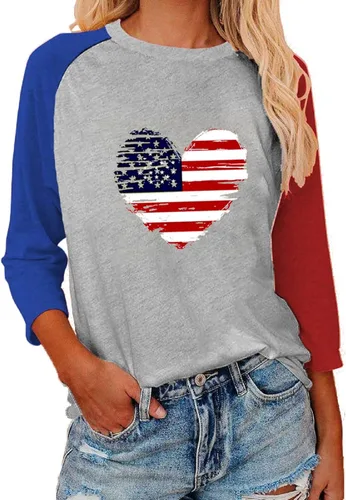 Vista 15 de Camisas de manga 3/4 para mujer, camisetas de verano con cuello redondo, camisetas básicas sueltas de mezcla de algodón para mujer