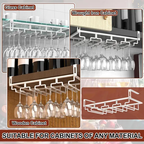 Vista 5 de AUHOKY Estante ajustable para copas de vino debajo del gabinete, soporte de metal para copas de vino de 4 filas, sin perforaciones, organizador