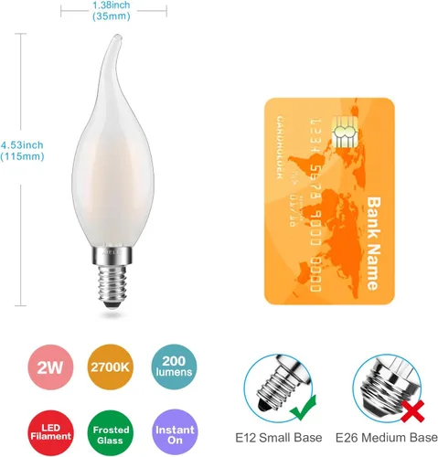 Vista 3 de Bombilla LED E12 esmerilada, 2 vatios (equivalente a 25 W), suave y cálida de 2700 K, bombillas LED con punta de llama CA10 regulables para Ca10