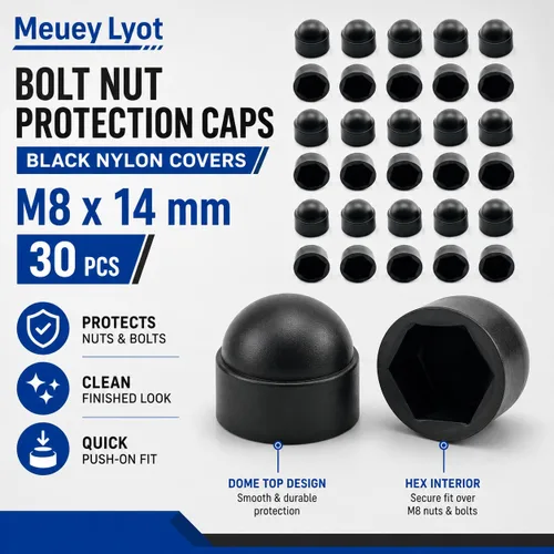 Vista 4 de Tapa de protección de tuerca de perno negro con cabeza hexagonal de nailon, cubierta protectora M8x14 mm-30PCS