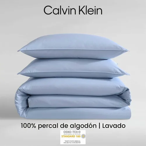 Vista 6 de Calvin Klein - Juego de edredón individual XL con funda a juego, juego de ropa de cama suave Azul percal lavado