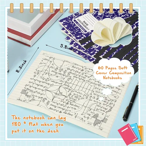 Vista 3 de Fainne Paquete de 12 cuadernos de composición A5 a granel, cuadernos de composición con rayas universitarias, cubiertas de mármol, cuadernos