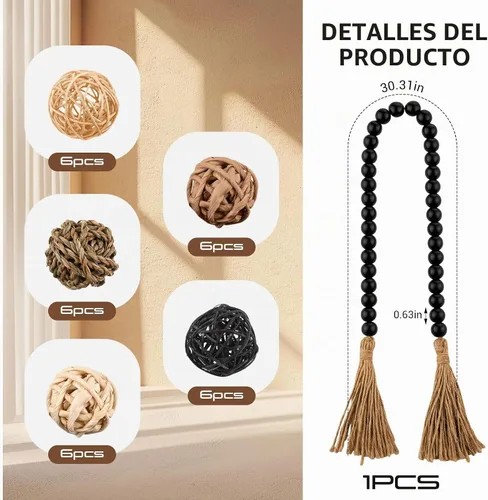 Vista 2 de Halloscume 31 piezas de bolas decorativas de mimbre y ratán con guirnalda de cuentas de madera de 30.3 pulgadas, centros de mesa, cuencos, orbes