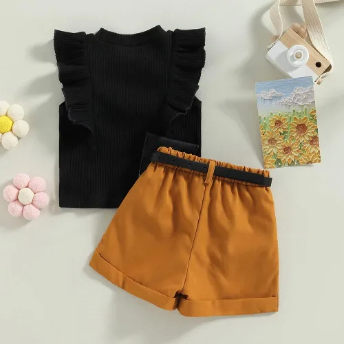 Vista 191 de TheFound Trajes de verano para niñas pequeñas, sin mangas, de punto acanalado, halter, pantalones cortos, ropa para recién nacidos, conjunto de 3