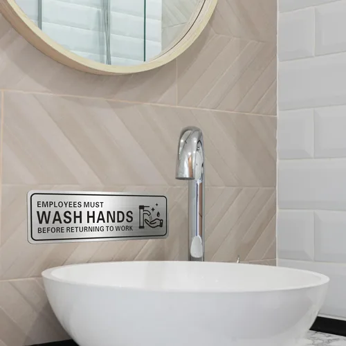 Vista 5 de Letrero de metal de acero inoxidable con texto en inglés "Employees Must Wash Hands Before Return to Work", con autoadhesivo, 9 x 3 pulgadas