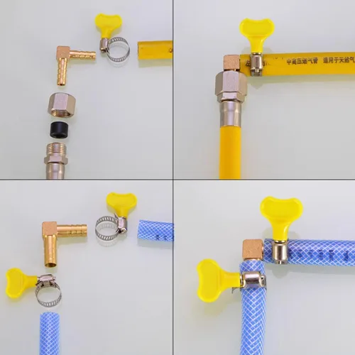 Vista 6 de Codo de púas de manguera de latón, conector de púas de latón de codo de 90 grados, ángulo recto L, con abrazaderas de acero inoxidable, paquete de 2