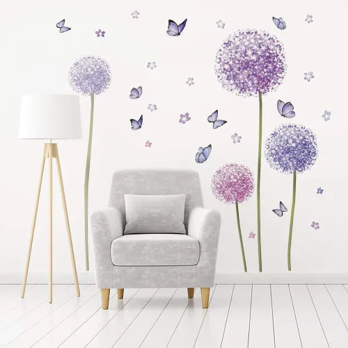 Vista 2 de Runtoo Calcomanías de pared de flores de diente de león, mariposa, calcomanías de pared para dormitorio, sala de estar, decoración de pared Flor