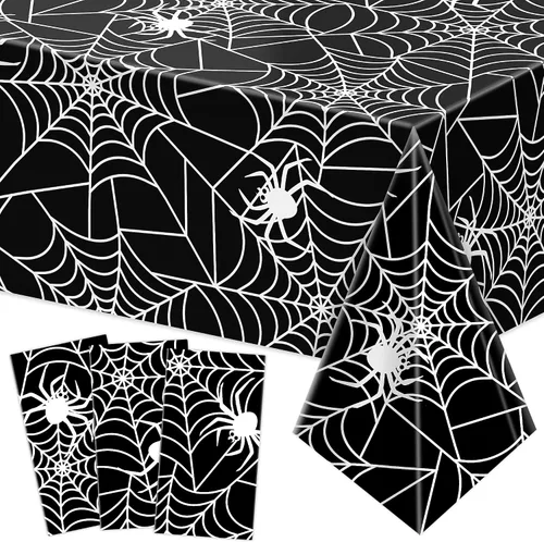 Vista 7 de Labeol Paquete de 3 manteles de Halloween, 108 x 54 pulgadas, manteles de Halloween negros, desechables, impermeables, de plástico, rectangular