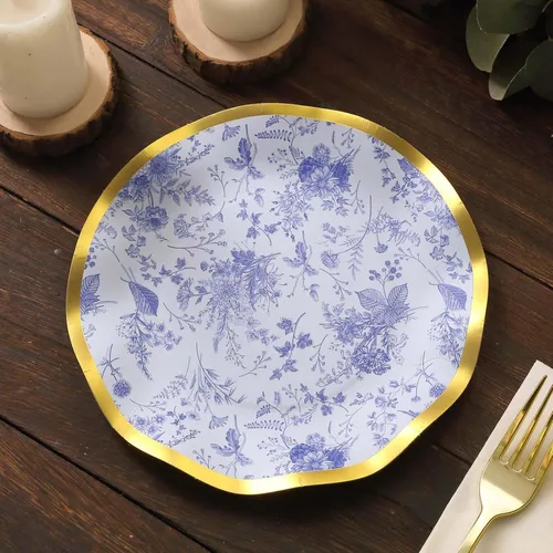 Vista 6 de Efavormart - Paquete de 25 platos de postre de papel chino chino azul y blanco con borde ondulado dorado de 11.32 oz/m² para recepciones y fiestas