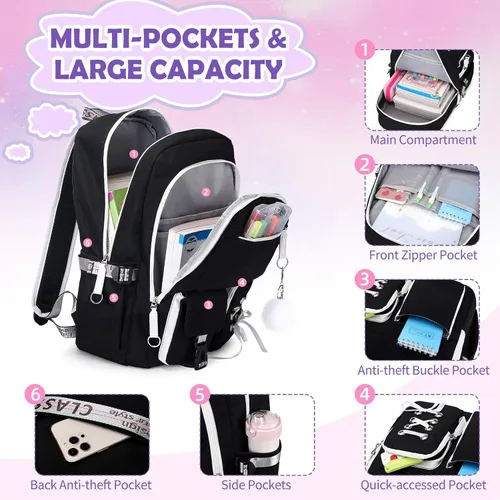 Vista 3 de ACESAK Mochilas para niñas, adolescentes, niños, escuela primaria, secundaria, universidad, mochila escolar para niños, Negro