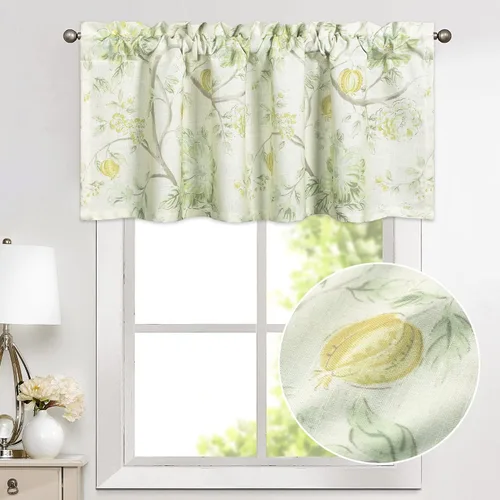 Vista 24 de VOGOL Cenefa de estilo rústico para filtrar la luz, con bolsillo para barra, cortina de cenefa de campo con estampado de pájaros para cocina, 52 x