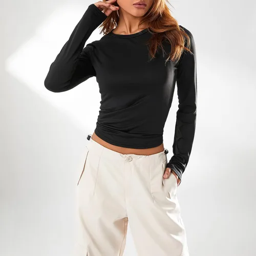 Vista 3 de Camiseta básica sexy para mujer, cuello redondo, manga larga, ajustada, color liso, ropa de calle