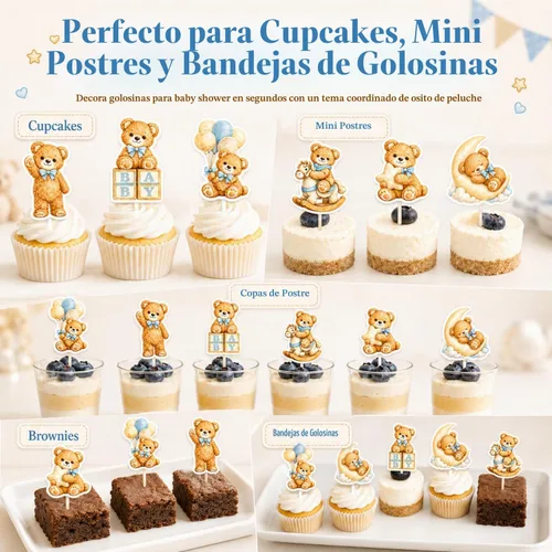 Vista 9 de ALISSAR We Can Bearly Wait - Decoraciones para baby shower, 36 adornos para cupcakes de oso azul