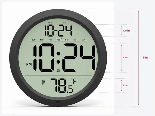 Vista 3 de Reloj de pared digital con fecha, temperatura interior, DST automático, reloj digital a batería, reloj de pared decorativo pequeño de 8 pulgadas
