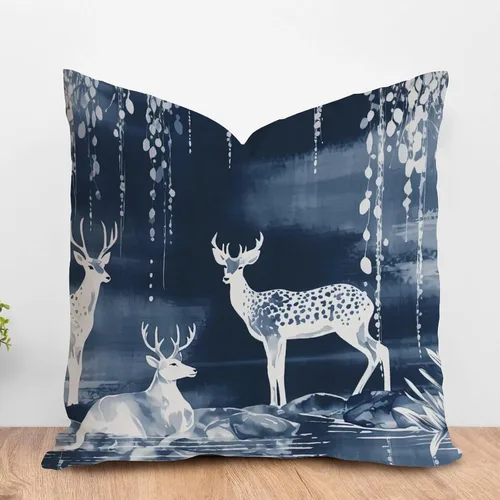 Vista 26 de ArogGeld Fundas de almohada de antílope blanco y flor azul de granja de acuarela animal azul ciervos blancos de lino blanco funda de almohada