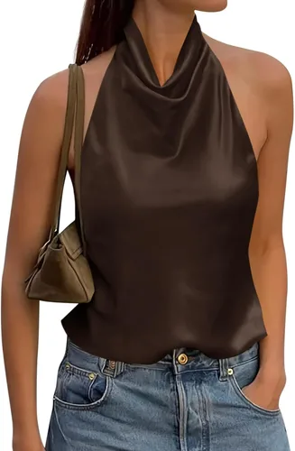 Vista 14 de Cicy Bell Camiseta de satén con cuello halter para mujer, sin espalda, Y2K Amarillo