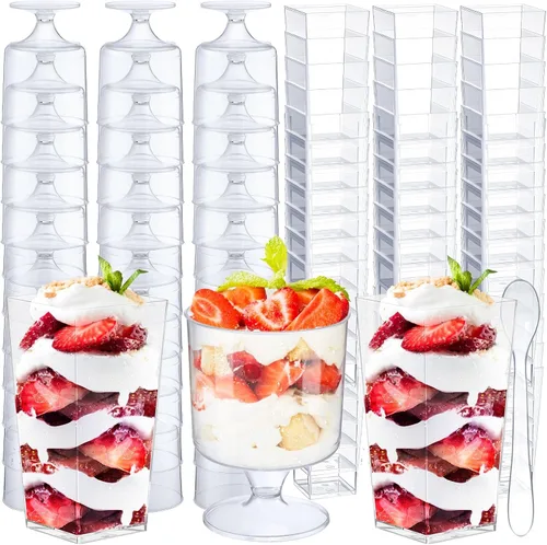 Vista 7 de Paquete de 100 mini tazas de postre con cucharas, pequeñas de plástico transparente de 3 onzas, inclinadas y redondas, vasos desechables tipo