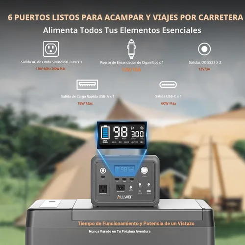 Vista 6 de ALLWEI Estación de Energía Portátil 300W, Generador Solar de 280Wh con Toma de CA de Onda Senoidal Pura de 110V, Generador de Batería de Litio