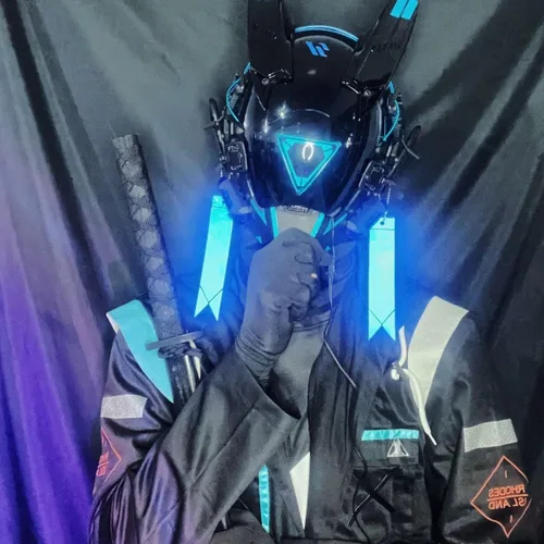 Vista 6 de Cyberpunk - Máscara de ciencia ficción, ropa técnica futurista, disfraz de Halloween, máscara LED, máscara de caballero negro