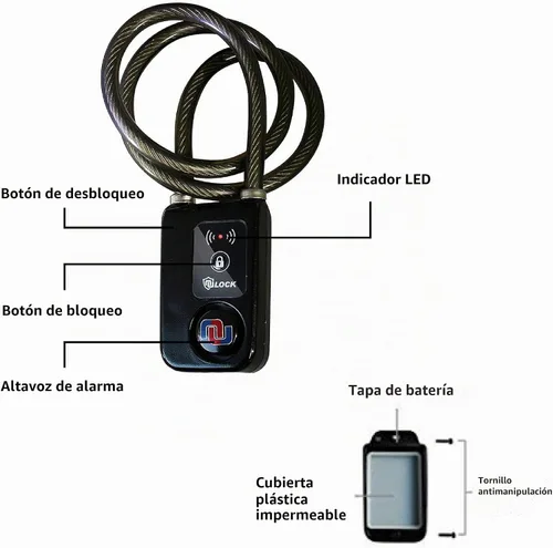 Vista 2 de Candado con cadena de acero trenzado para bicicleta, Bluetooth, Nuvending NuLock