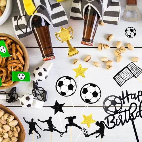 Vista 4 de 28 piezas Decoración de pastel de fútbol con jugador de fútbol de pelota de fútbol para fiesta de cumpleaños de fútbol, suministros de fiesta