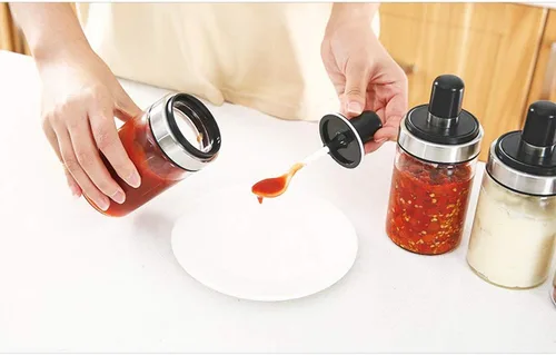 Vista 4 de TENTA KITCHEN 3 tarros de especias de vidrio de borosilicato alto para condimentos, tarro de condimentos, diseño de cuchara combinada y tapa, grado
