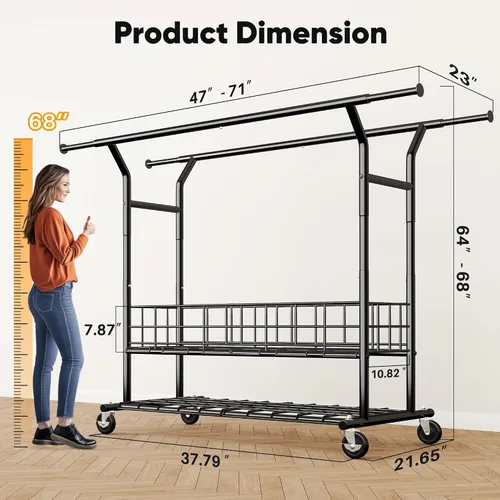 Vista 7 de HOKEEPER Perchero resistente con carga de 635 libras, perchero para colgar ropa, barra doble ajustable negra con cesta de metal, perchero portátil