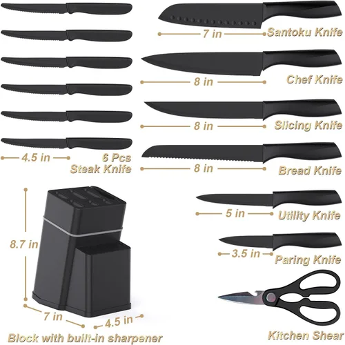 Vista 2 de Juego de cuchillos de cocina con bloque, juego de cuchillos de 15 piezas con afilador integrado, apto para lavavajillas, cuchillas de acero