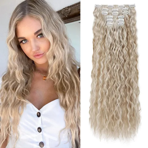 Vista 12 de Flufymooz - Extensiones de cabello con clip, 6 unidades, extensiones de cabello largas con ondas de sirena, sintético, postizo para mujer, 24 Marrón