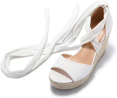 Vista 2 de Huiyuzhi - Sandalias de alpargata con cordones para mujer. Sandalias de atar con punta abierta de estilo Criss Cross D'Orsay