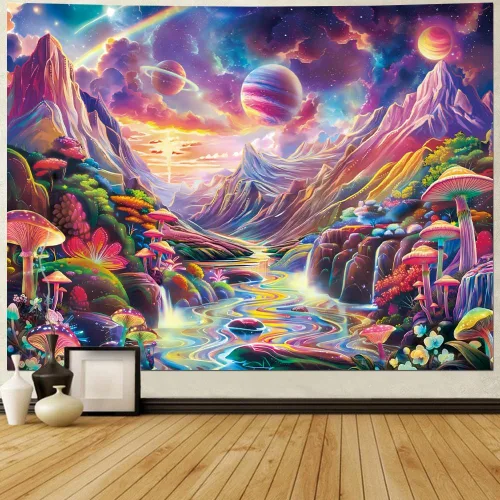 Vista 2 de Lahasbja Blacklight Galaxy Planet Tapiz UV Reactive Hongo Colgante de Pared Fantasía Estrellas Estrelladas Paisaje Montaña Paisaje Luz Negra Póster