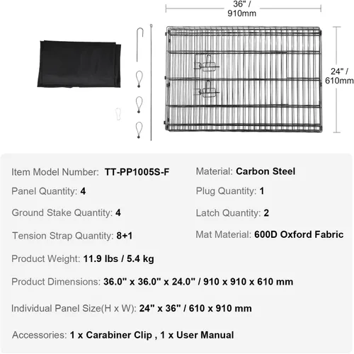 Vista 7 de VEVOR Corralito para perros, 4 paneles de 24 x 36 pulgadas, parque de ejercicio plegable de metal para mascotas, valla para perros para interiores