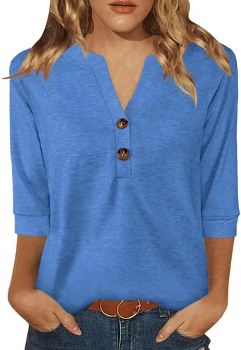 Vista 14 de Dimur Camisetas de manga 3/4 con cuello en V y botones para mujer, traje casual de negocios, camiseta básica de verano 2025