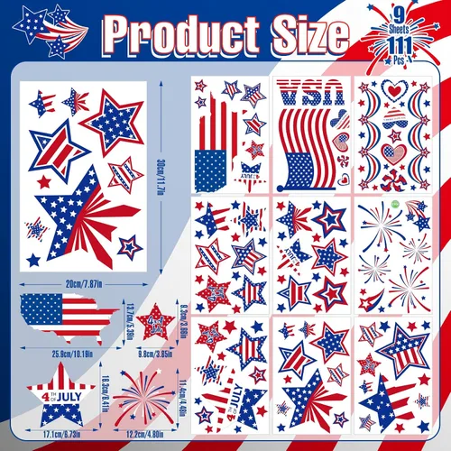 Vista 5 de Decoraciones patrióticas para ventanas del 4 de julio, 9 hojas de calcomanías de ventana de bandera estadounidense para ventanas de vidrio
