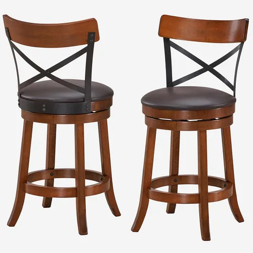 Vista 9 de COSTWAY Juego de 2 taburetes de bar giratorios de madera maciza de 360 grados con cojín suave y respaldo, taburetes de bar de cocina de 25 pulgadas