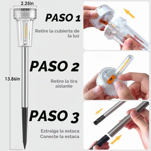 Vista 6 de Mancra - Luces solares al aire libre impermeables, juego de 8 luces de camino con bombilla de tungsteno de acero inoxidable, luces solares
