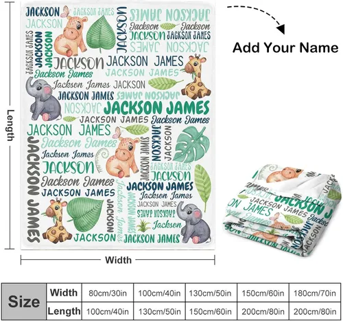 Vista 2 de Artsadd Manta personalizada con nombre, manta personalizada de animales de la selva, manta personalizada de safari para niños, niñas, baby shower