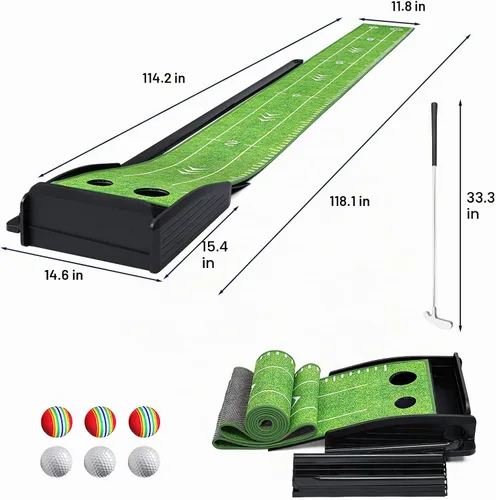 Vista 2 de Losbenco Putting Green - Juego de golf para interiores con putter y 6 bolas, tapete de práctica de golf portátil con sistema de retorno automático