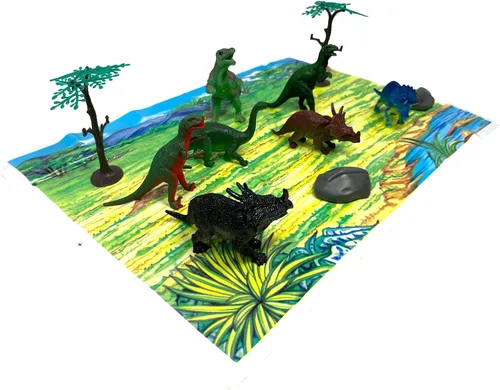 Vista 3 de WARM FUZZY Toys - Tina de 7 figuras realistas de dinosaurios para niños, 1 bañera y tapete de juego, juego educativo atractivo, experiencia