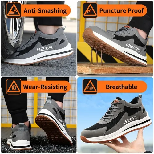 Vista 7 de LAoutun Zapatos de punta de acero para hombres y mujeres, zapatos de trabajo de seguridad indestructibles, ligeros, con puntera de acero